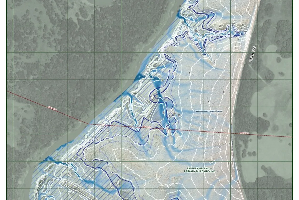 Drainage and flood analysis sheet for a Grimes County, Texas tract, with the modeled flood extent in blue over the terrain model.