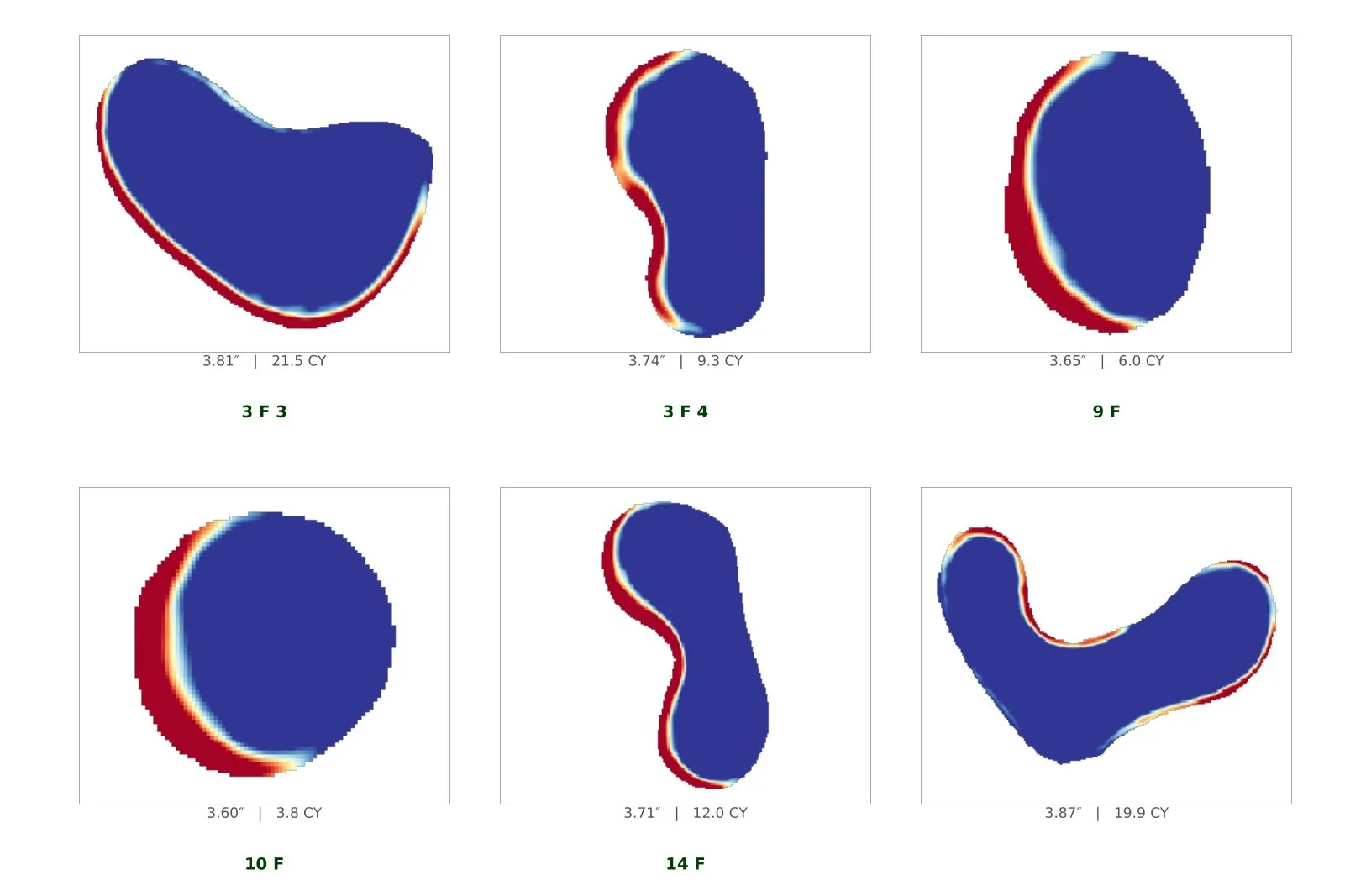 Per-bunker depth heatmaps from the Roy Kizer bunker volume takeoff, each shaded shallow at the face to deep at the floor and labeled with sand volume.