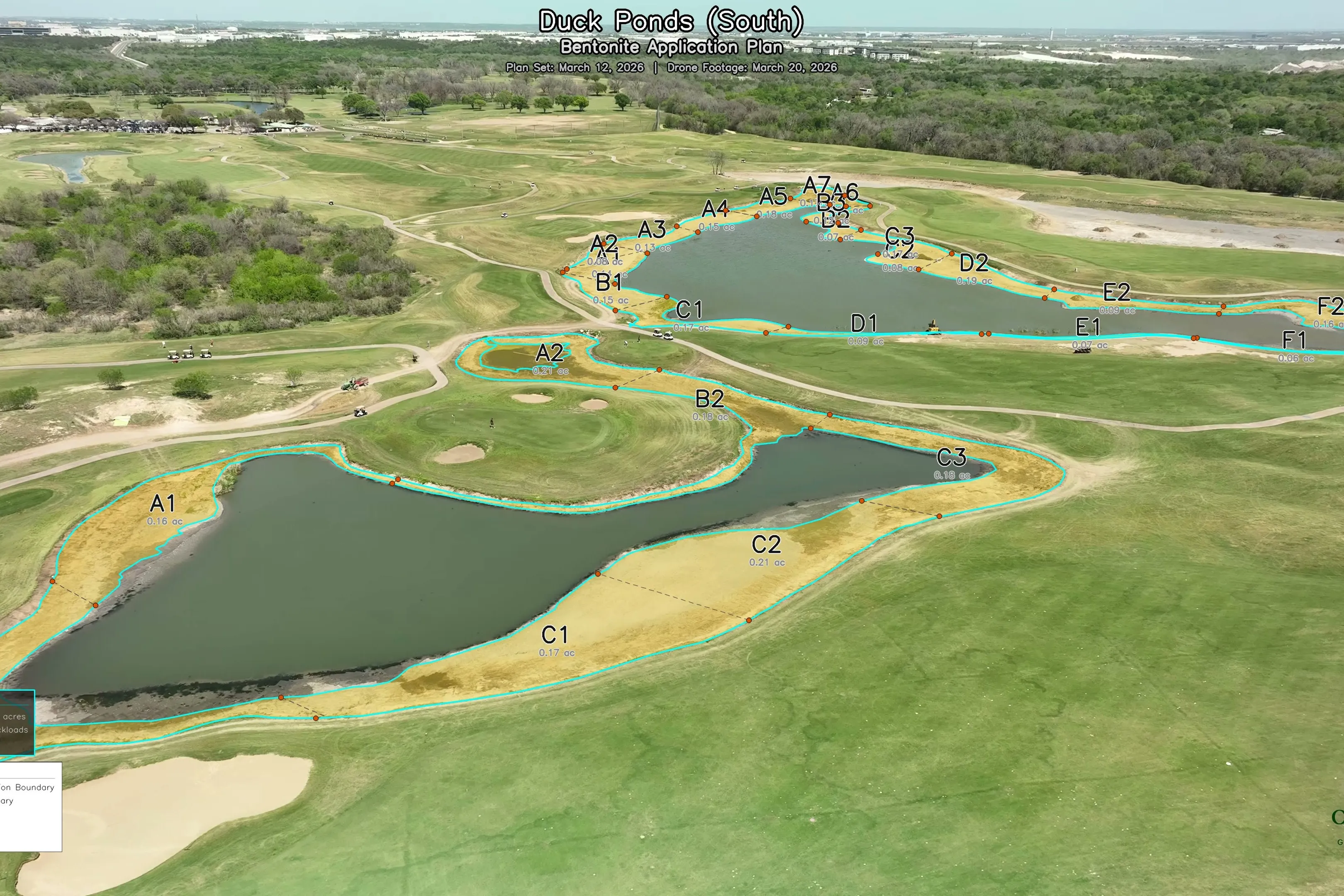Annotated drone view of the Roy Kizer duck ponds, with the bentonite application boundary, gold application areas, numbered grid sectors, and stakes called out.