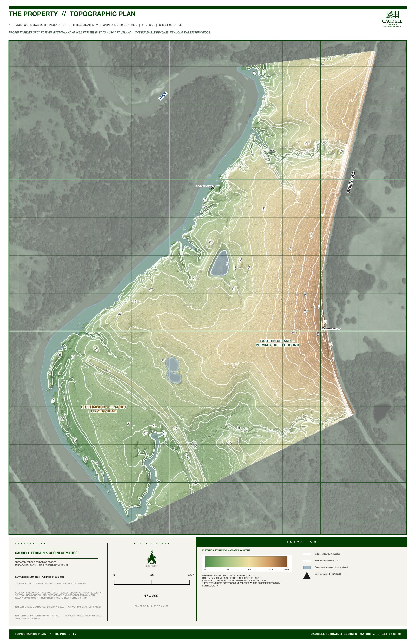 Topographic plan of the Grimes County tract: one-foot hypsometric-tinted contours showing the eastern upland rising above the bottomland.
