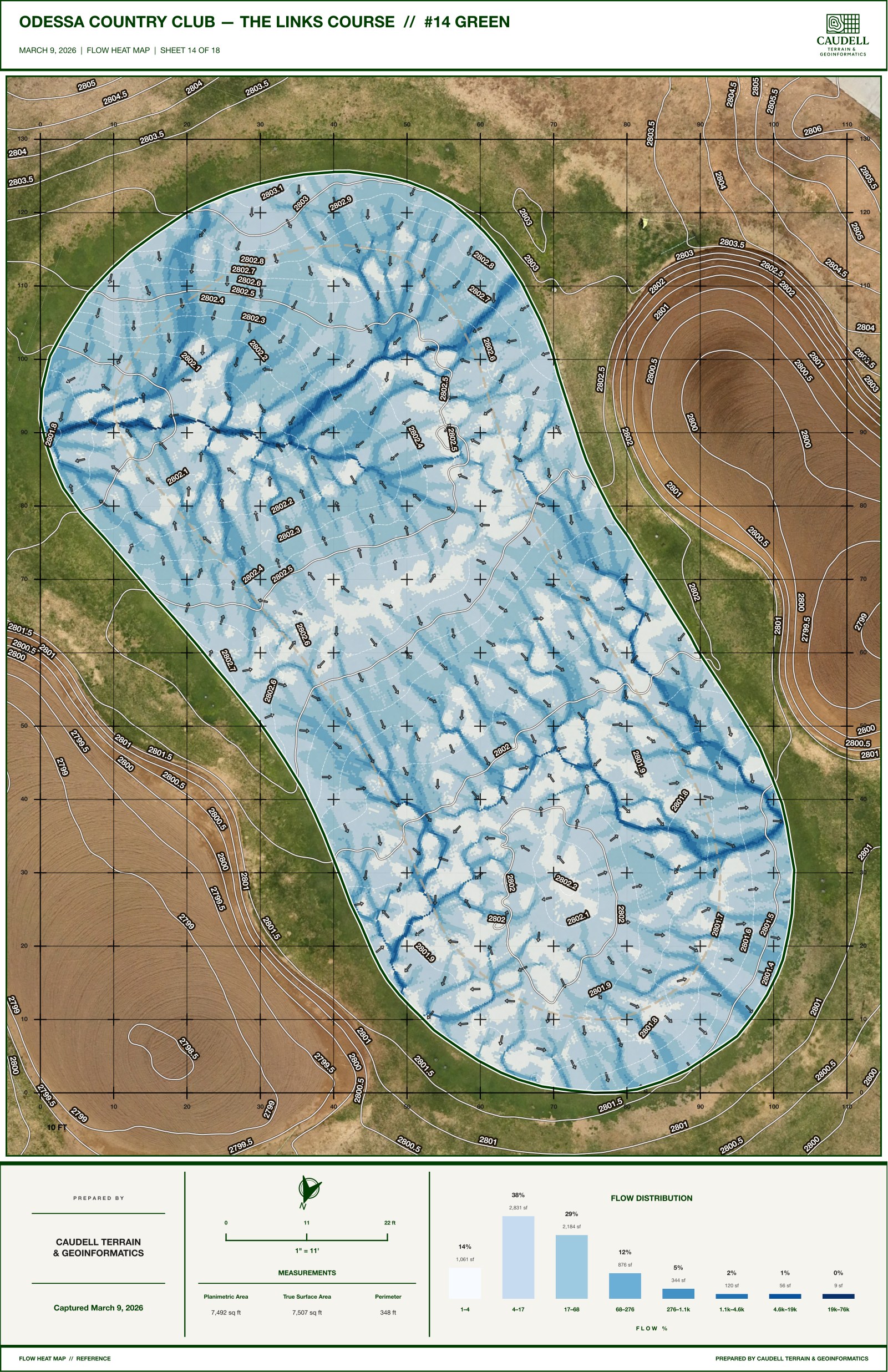 Flow-accumulation heat map of the 14th green on the Links Course at Odessa Country Club, showing where surface water collects and the paths it takes off the green.