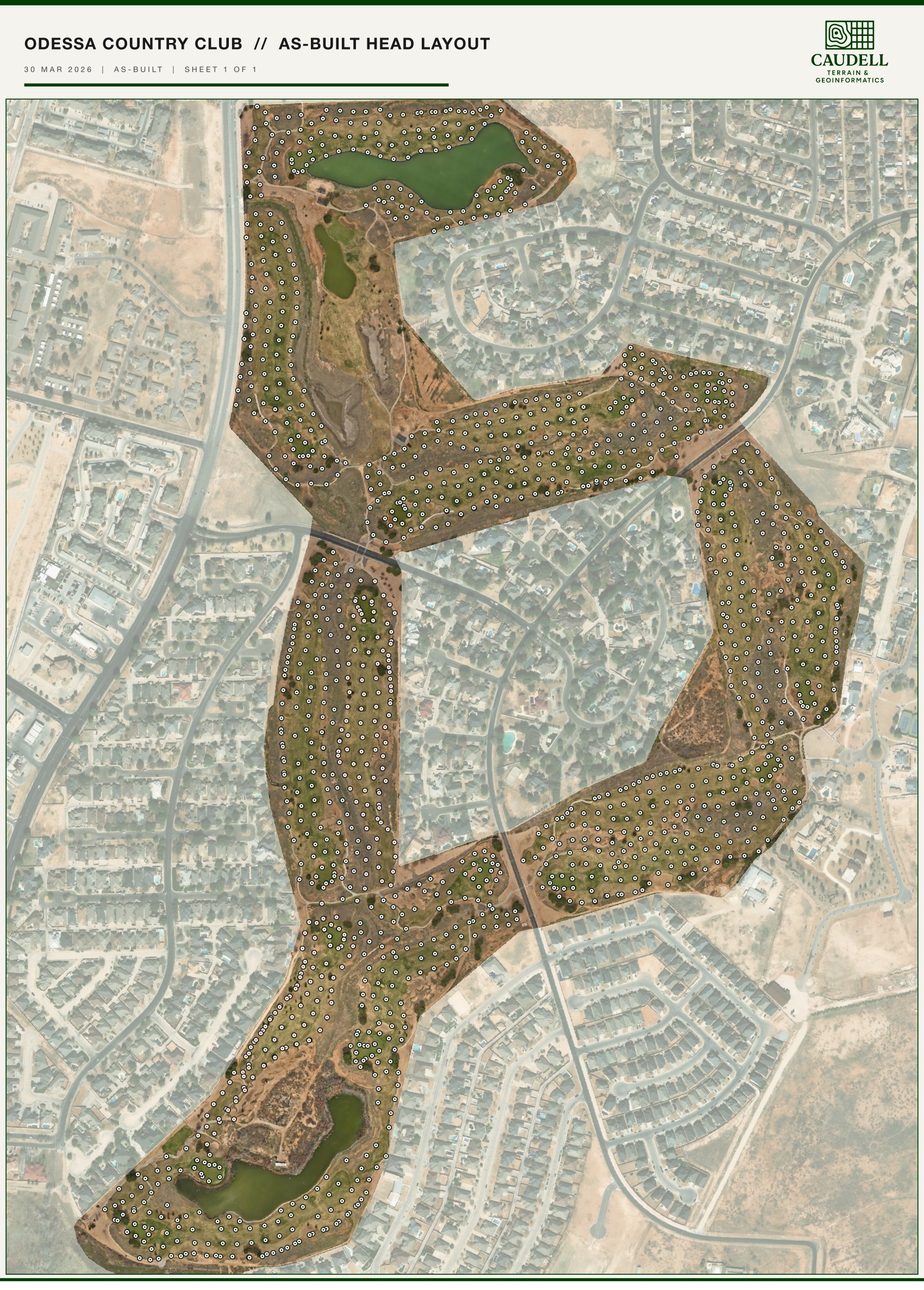 Full-course as-built head layout for the Links Course at Odessa Country Club, every irrigation head marked over the orthomosaic.