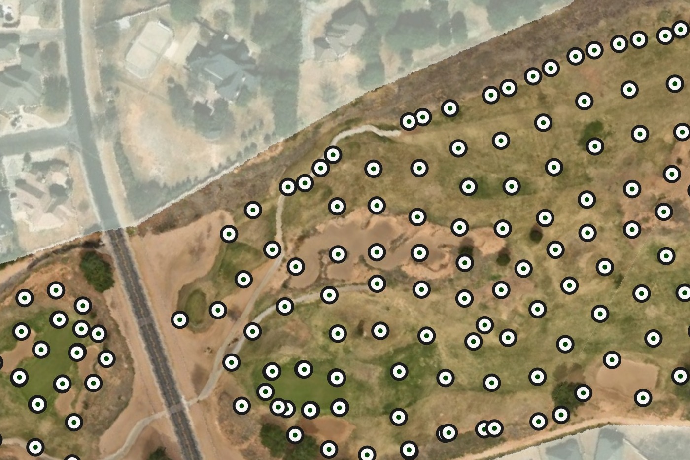 Detail of the head layout over the high-resolution orthomosaic: individual irrigation heads marked across the green complexes on the Links Course at Odessa Country Club, beside the cart road.
