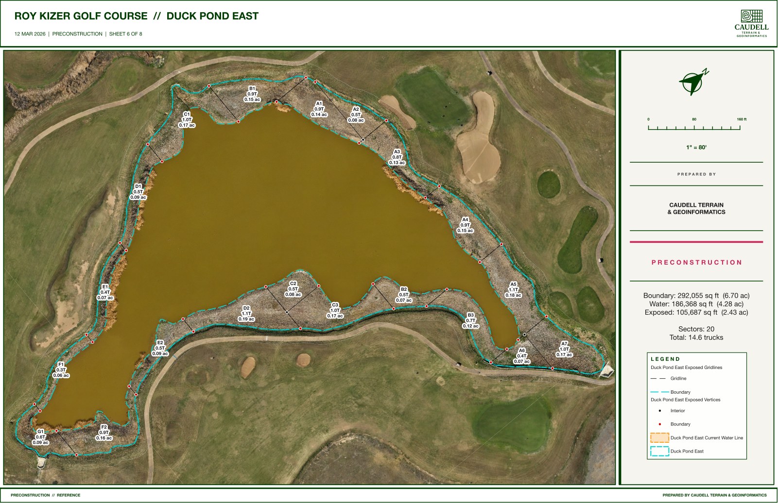 Top-down plan sheet of Duck Pond East at Roy Kizer, showing the drawn-down exposed bed, numbered grid sectors, boundary and interior stakes, and area and material figures.