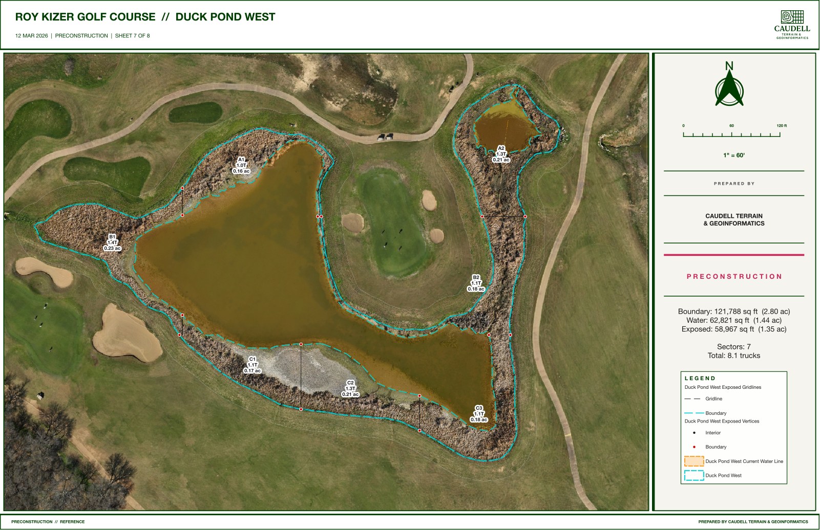 Top-down plan sheet of Duck Pond West at Roy Kizer, showing the exposed bed, grid sectors, and stakes.