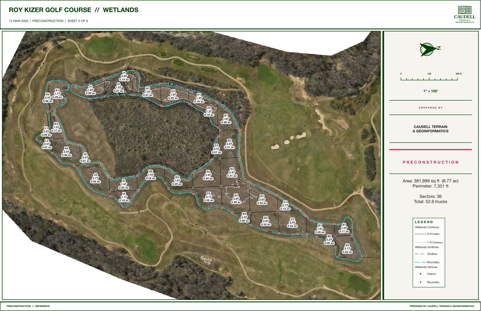 Top-down plan sheet of the Roy Kizer wetlands, gridded into numbered application sectors with stakes.